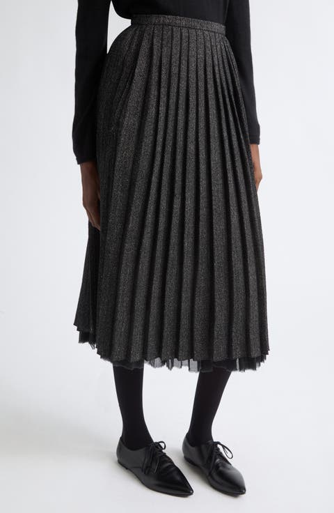 Pleated Herringbone Linen & Wool Blend Midi Skirt