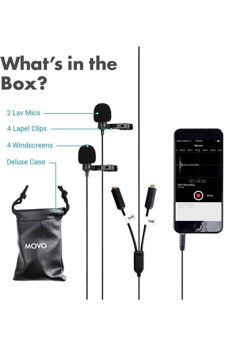 MOVO Executive Lavalier Clip-on Interview Microphone with Secondary Mic & Headphone Monitoring Input for Smartphones/Tablets, Alternate, color, Black