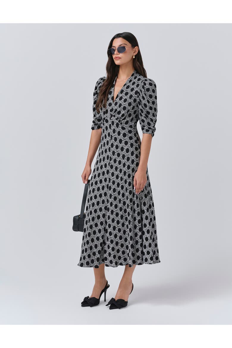 Mia Crepe Polka Dot Midi Tea Dress, Alternate, color, Black Spot Floral