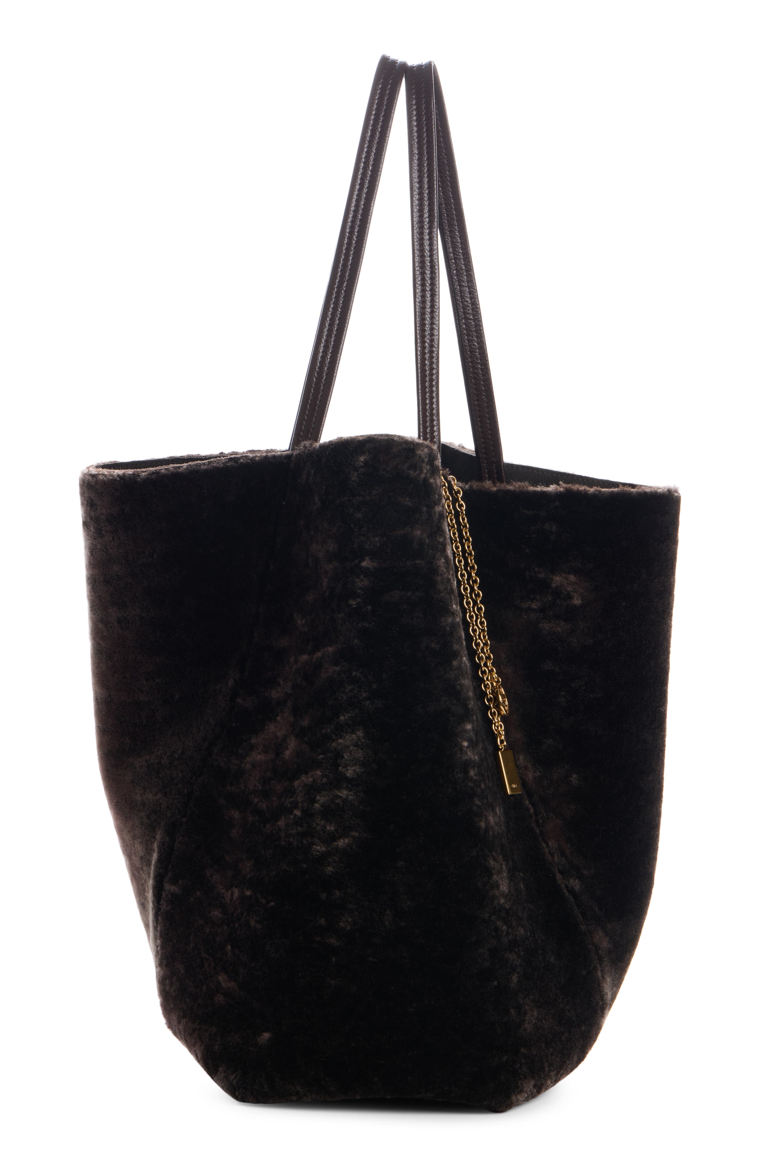 Chloé Large Spin Genuine Shearling Tote, Alternate, color, Kohl Brown