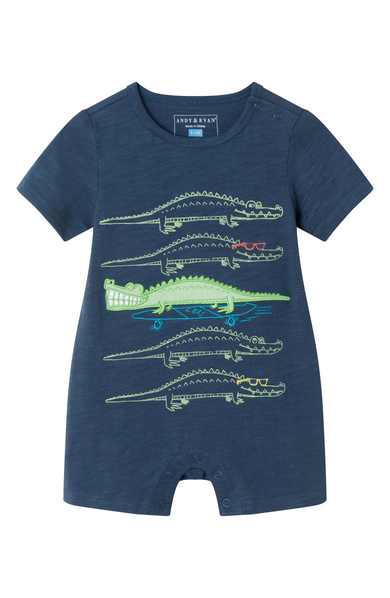 Andy & Evan Graphic Print Cotton Romper & Bib Set, Alternate, color, Navy