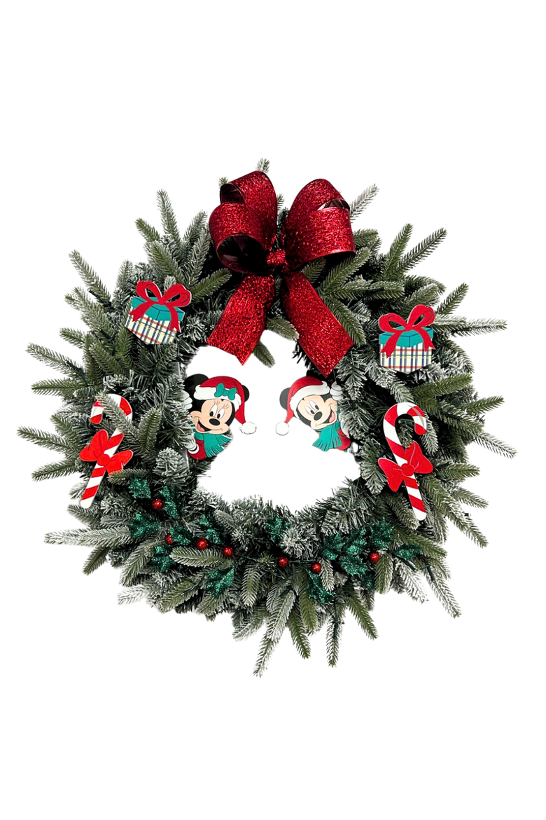 Disney Seasons Greetings Mickey and Minnie Mouse 26" Pre-Lit Christmas Wreath, Main, color, Green/Red