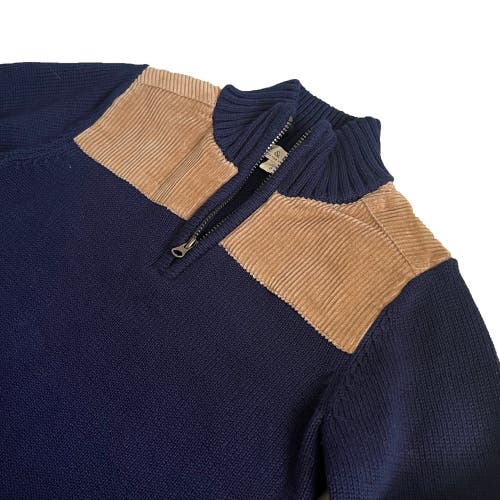 Hope & Henry Baby Boys' Half-zip Sweater With Cord Yoke, Infant In Navy Brown Corduroy Trim