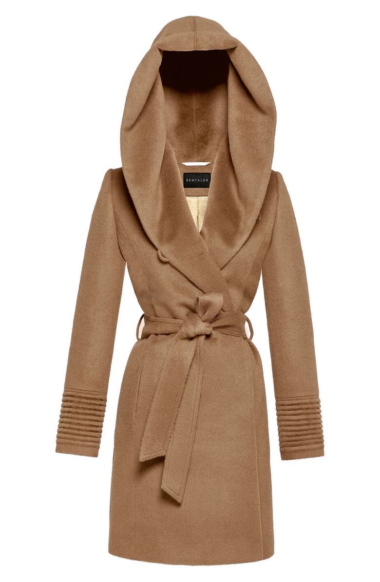 SENTALER Hooded Alpaca & Wool Wrap Coat, Alternate, color, Dark Camel