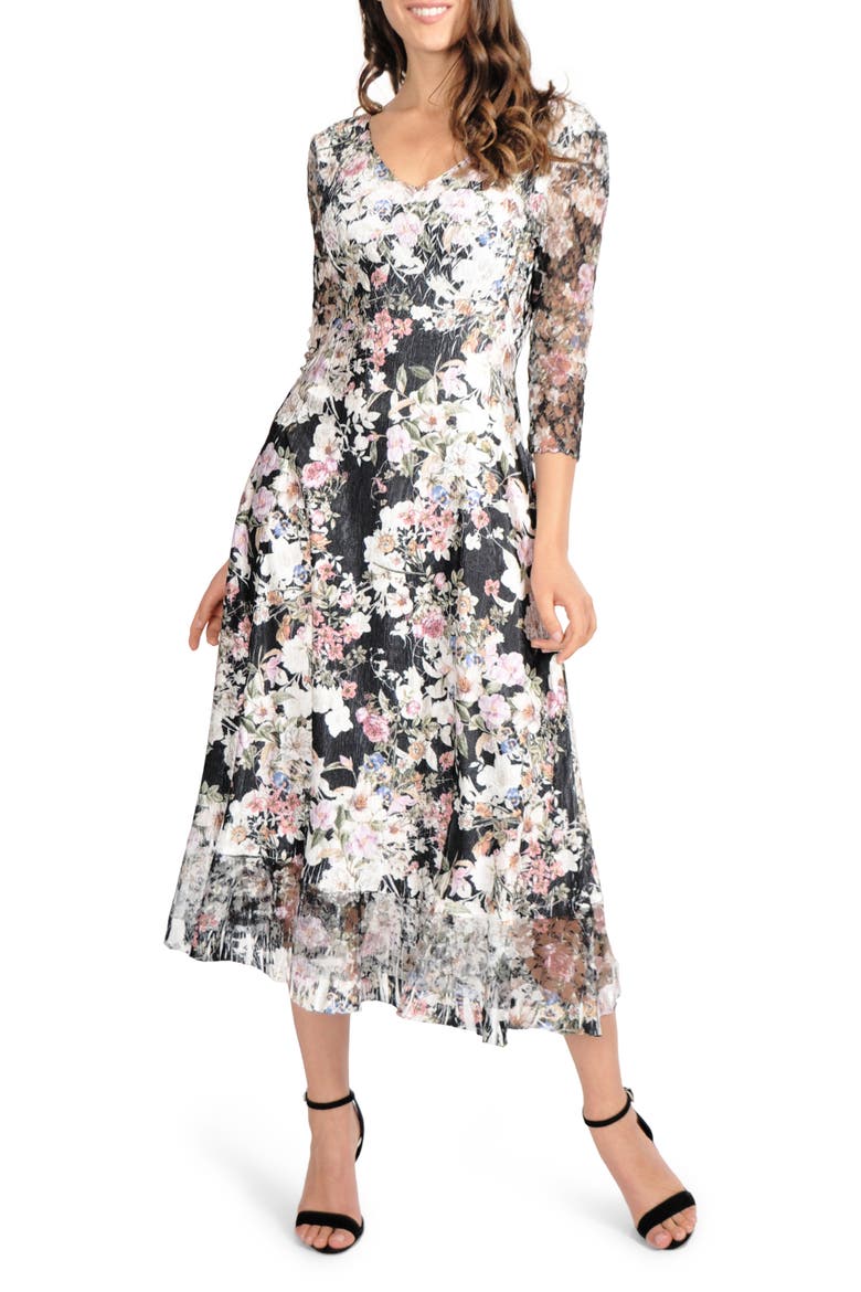Lace Sleeve Charmeuse Midi Dress, Main, color, BLOOMING VINE