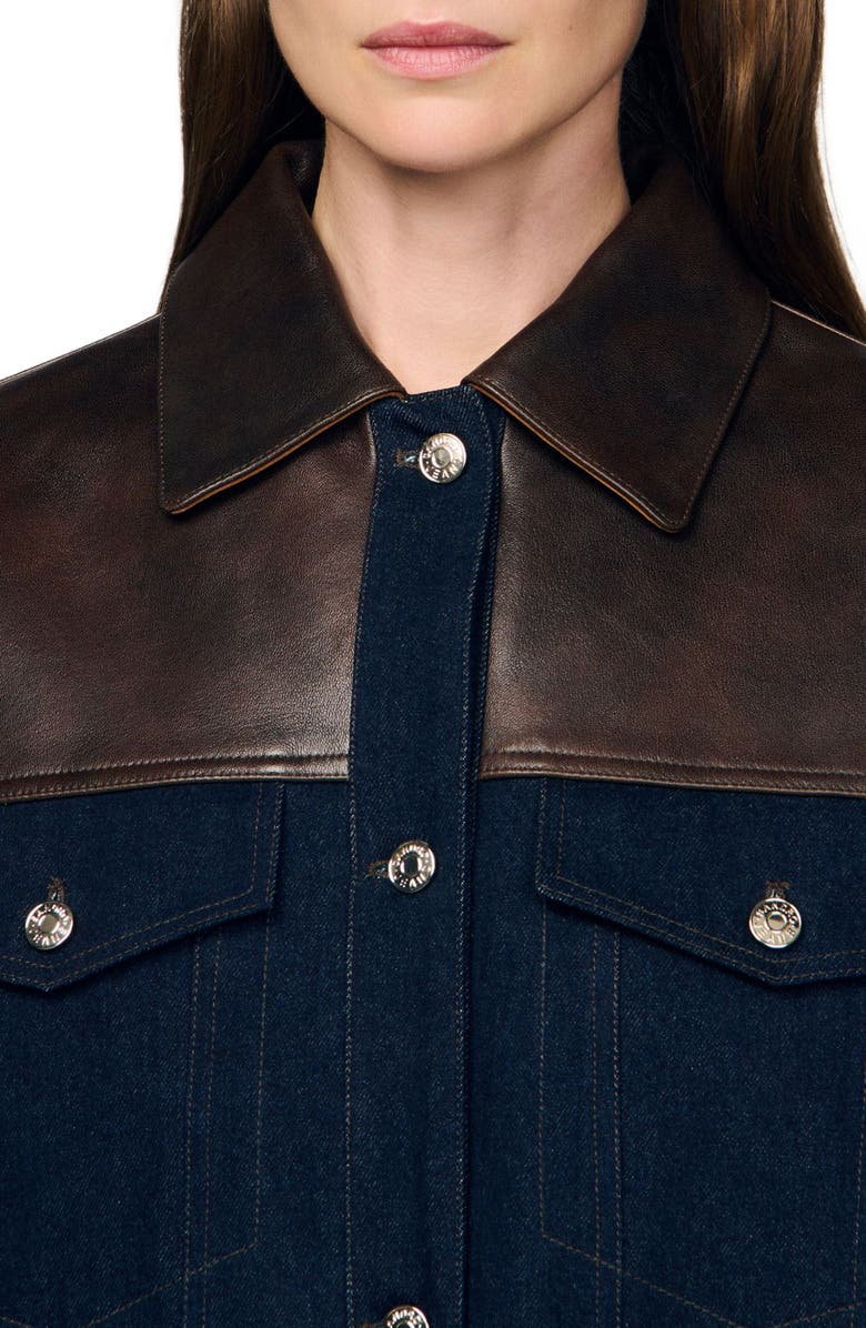 SANDRO Denim and leather jacket, Alternate, color, Blue Jean