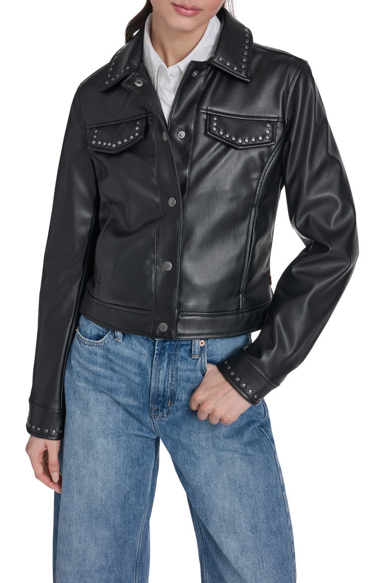 Studded Faux Leather Jacket, Main, color, BLACK