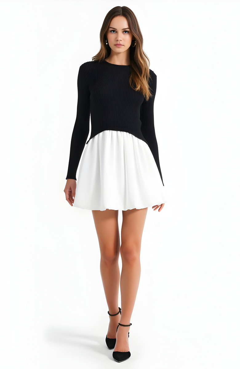 Modenaire Knit and Woven Fit-and-Flare Mini Dress with Ribbed Long Sleeve Top, Alternate, color, Black / White