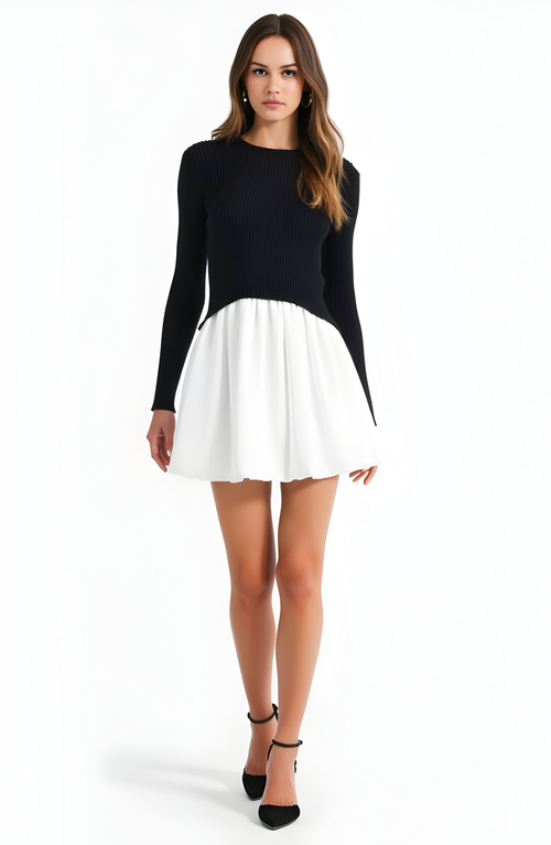 Modenaire Knit And Woven Fit-and-flare Mini Dress With Ribbed Long Sleeve Top In Multi