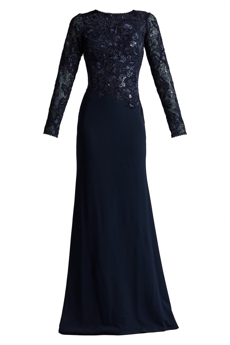 Embroidered Bodice Long Sleeve Gown, Alternate, color, NAVY/ NAVY