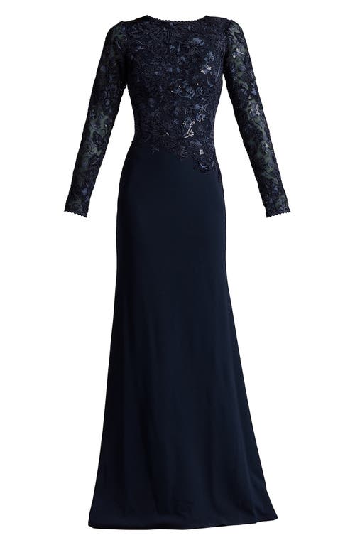 Tadashi Shoji Embroidered Bodice Long Sleeve Gown In Blue