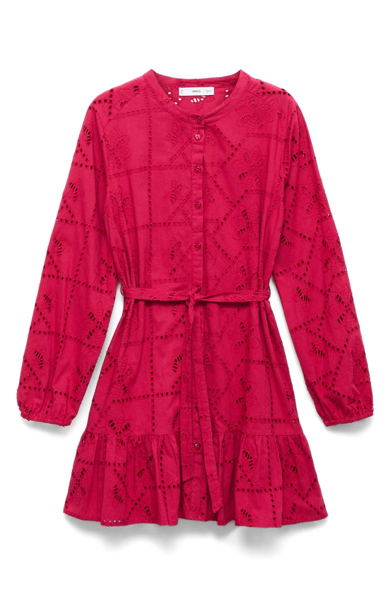 MANGO Eyelet Ruffle Hem Tie Waist Long Sleeve Minidress, Alternate, color, 