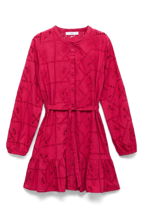 Mango Eyelet Ruffle Hem Tie Waist Long Sleeve Minidress In Strawberry