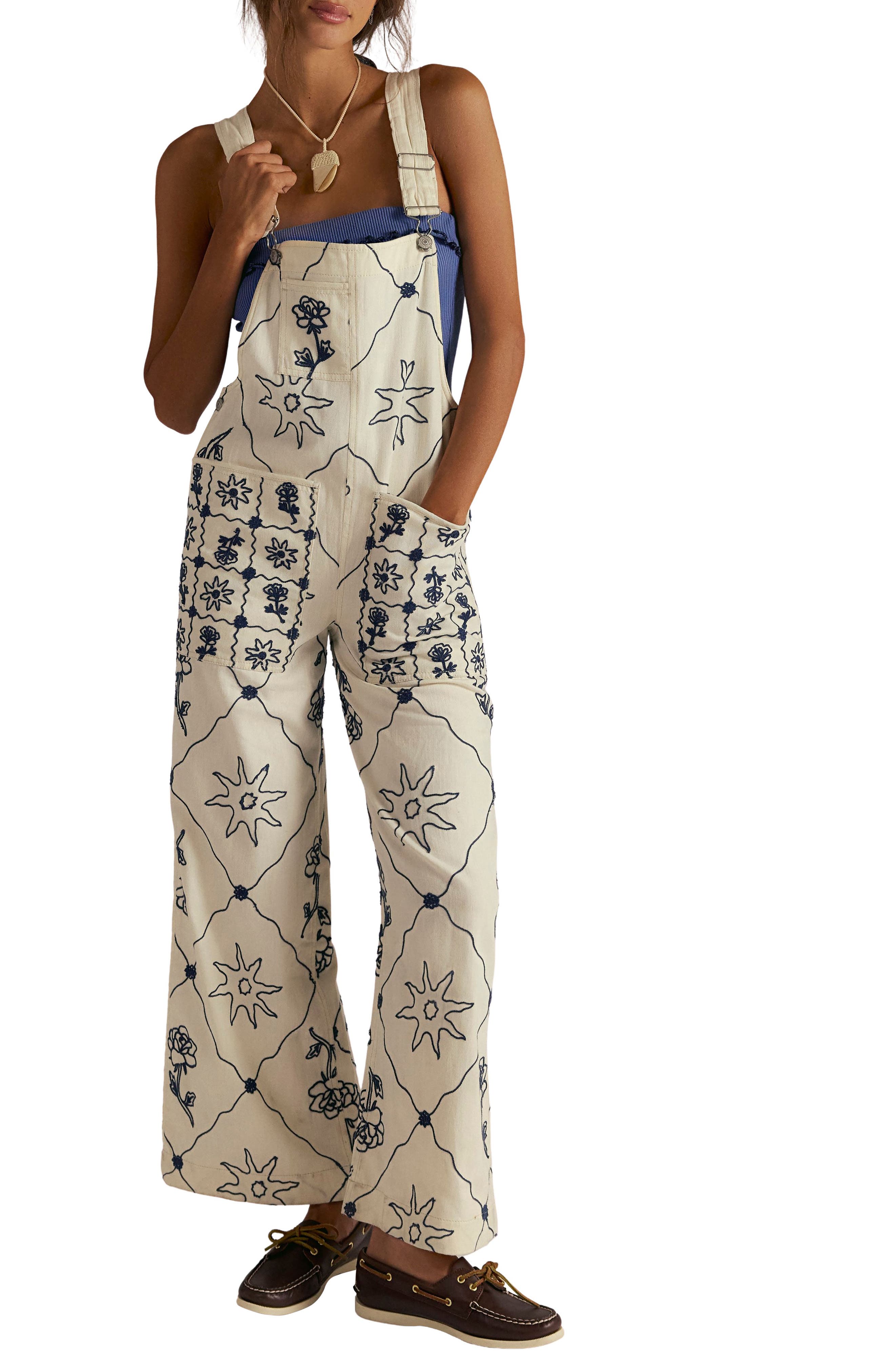 Free People Rising Sun Embroidered Wide Leg Overalls