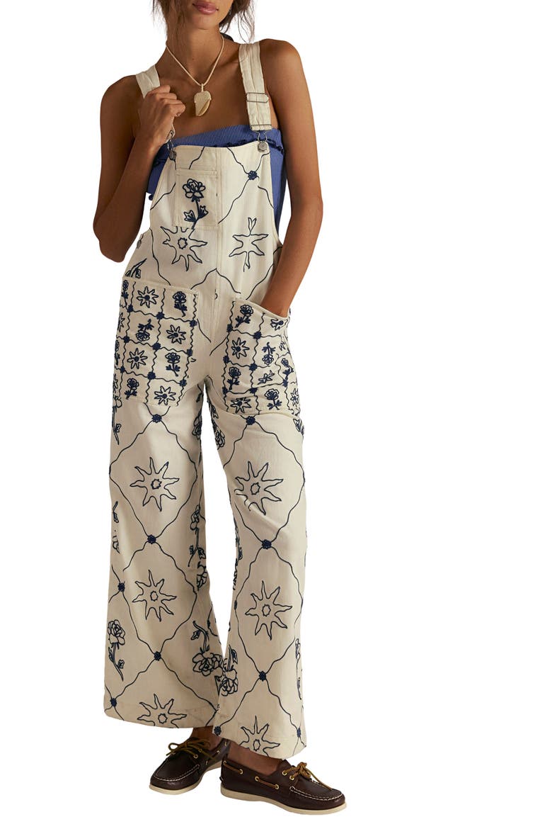 Rising Sun Embroidered Wide Leg Overalls, Main, color, SOLAR ECRU