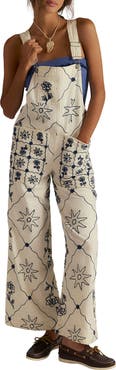 Free People Rising Sun Embroidered Wide Leg Overalls
