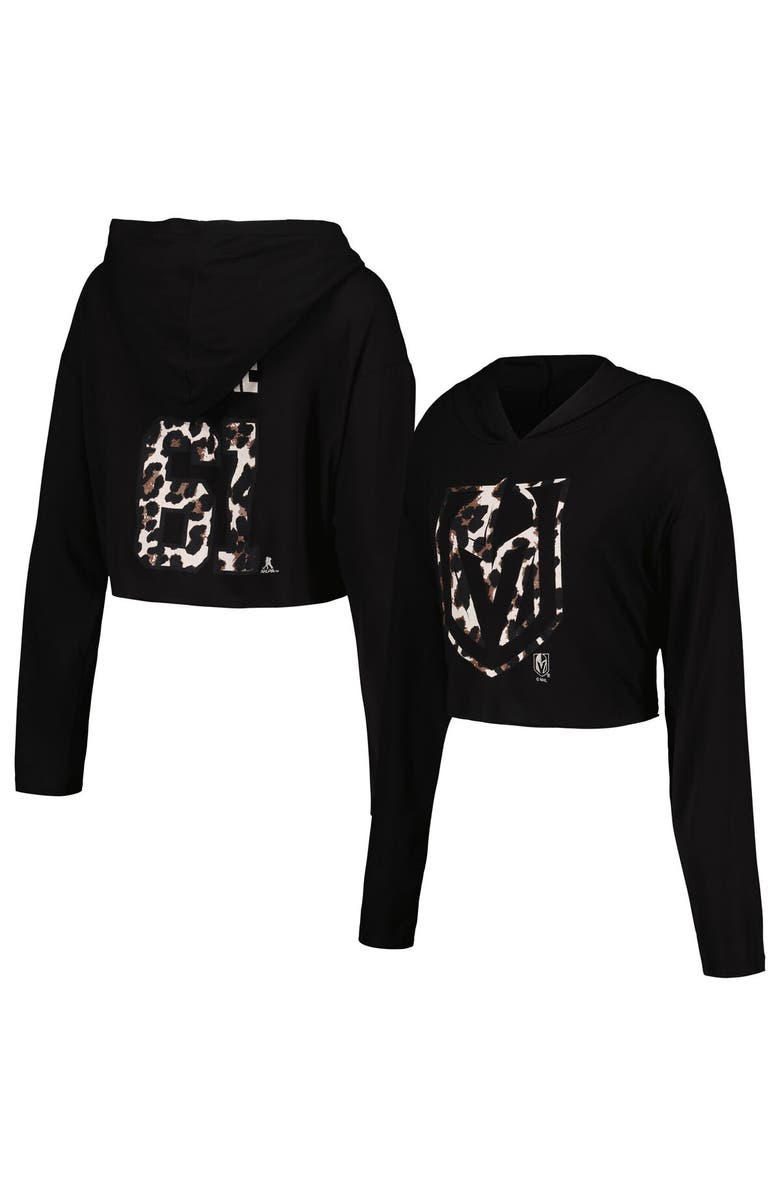 Majestic Threads Women's Majestic Threads Mark Stone Black Vegas Golden Knights Leopard Print Name & Number Cropped Pullover Hoodie, Main, color, Black