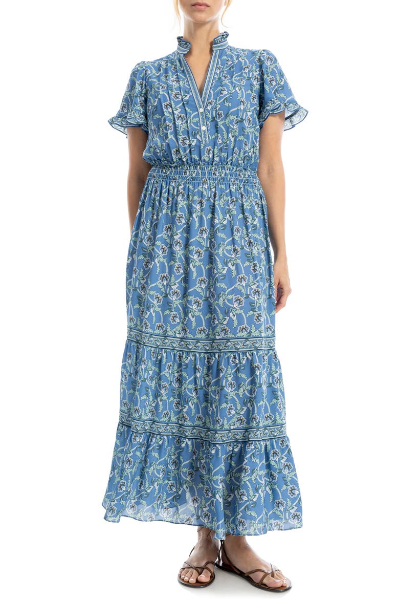 Smocked Flutter Sleeve Maxi Dress, Main, color, BLUE LEAFY FLORAL WAVE
