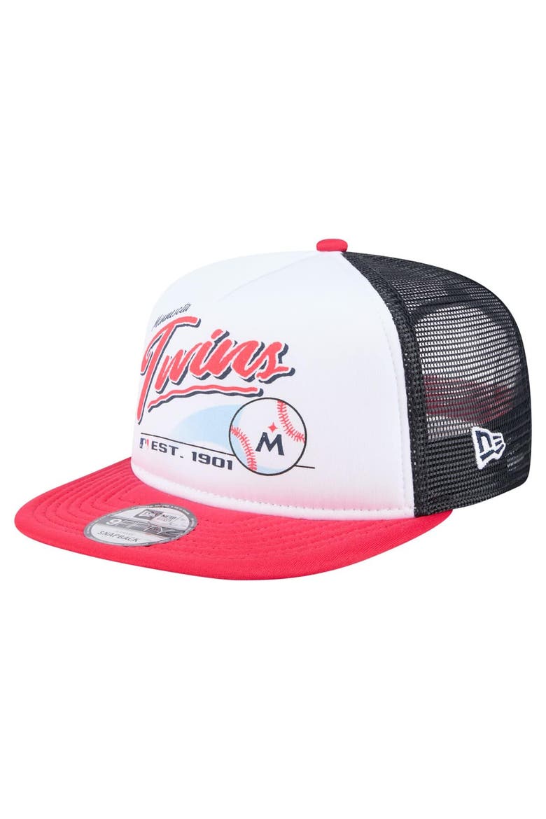 Men's New Era White/Red Minnesota Twins Retro Script Trucker 9FIFTY Snapback Hat, Main, color, White