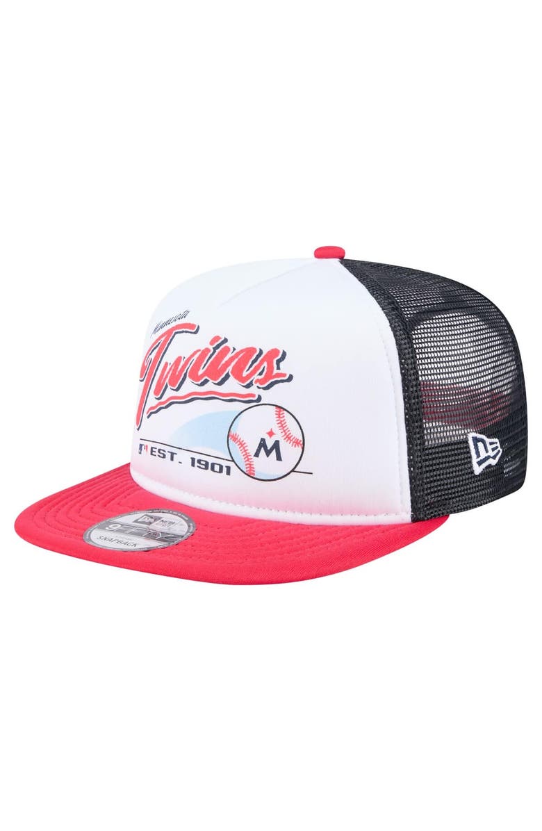 New Era Men's New Era White/Red Minnesota Twins Retro Script Trucker 9FIFTY Snapback Hat, Main, color, White