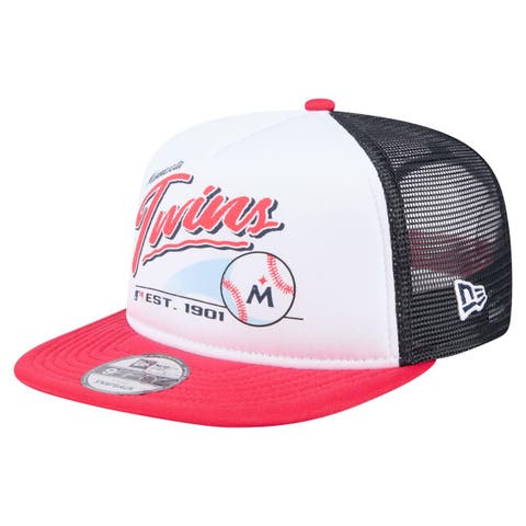 Men's New Era White/Red Minnesota Twins Retro Script Trucker 9FIFTY Snapback Hat