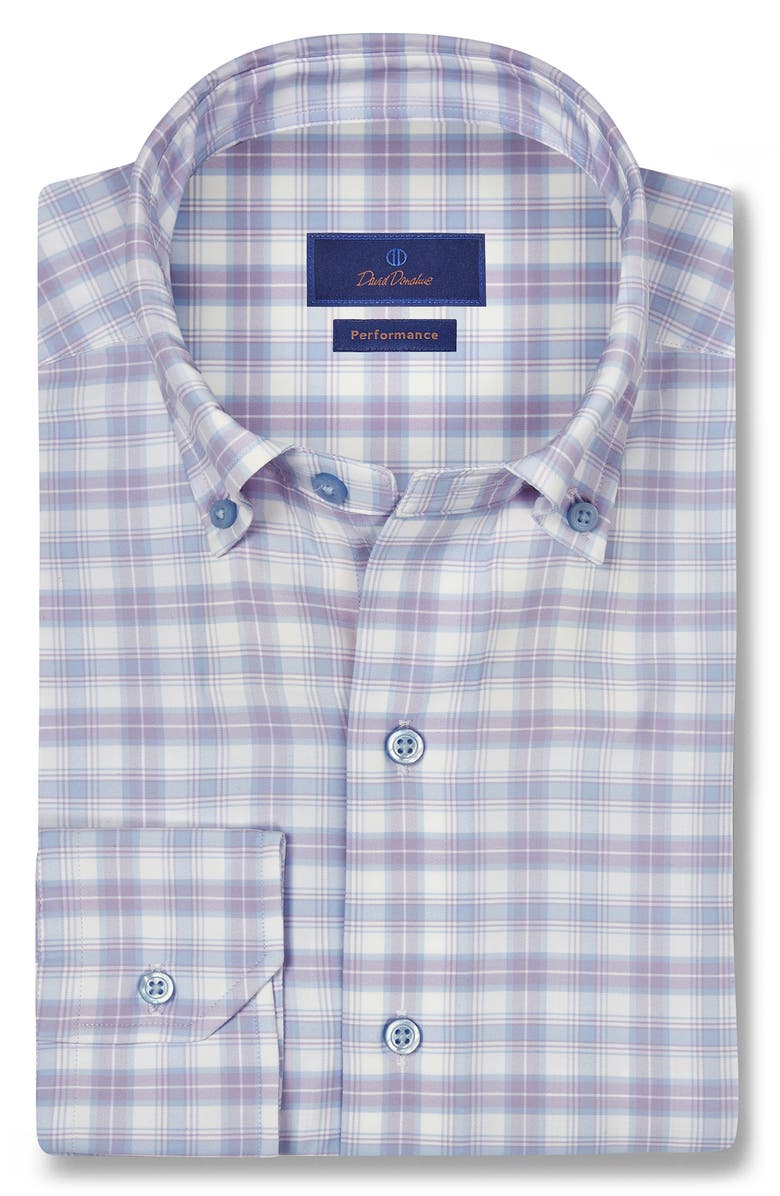 David Donahue Plaid Print Performance Sport Shirt, Main, color, White/ Sky