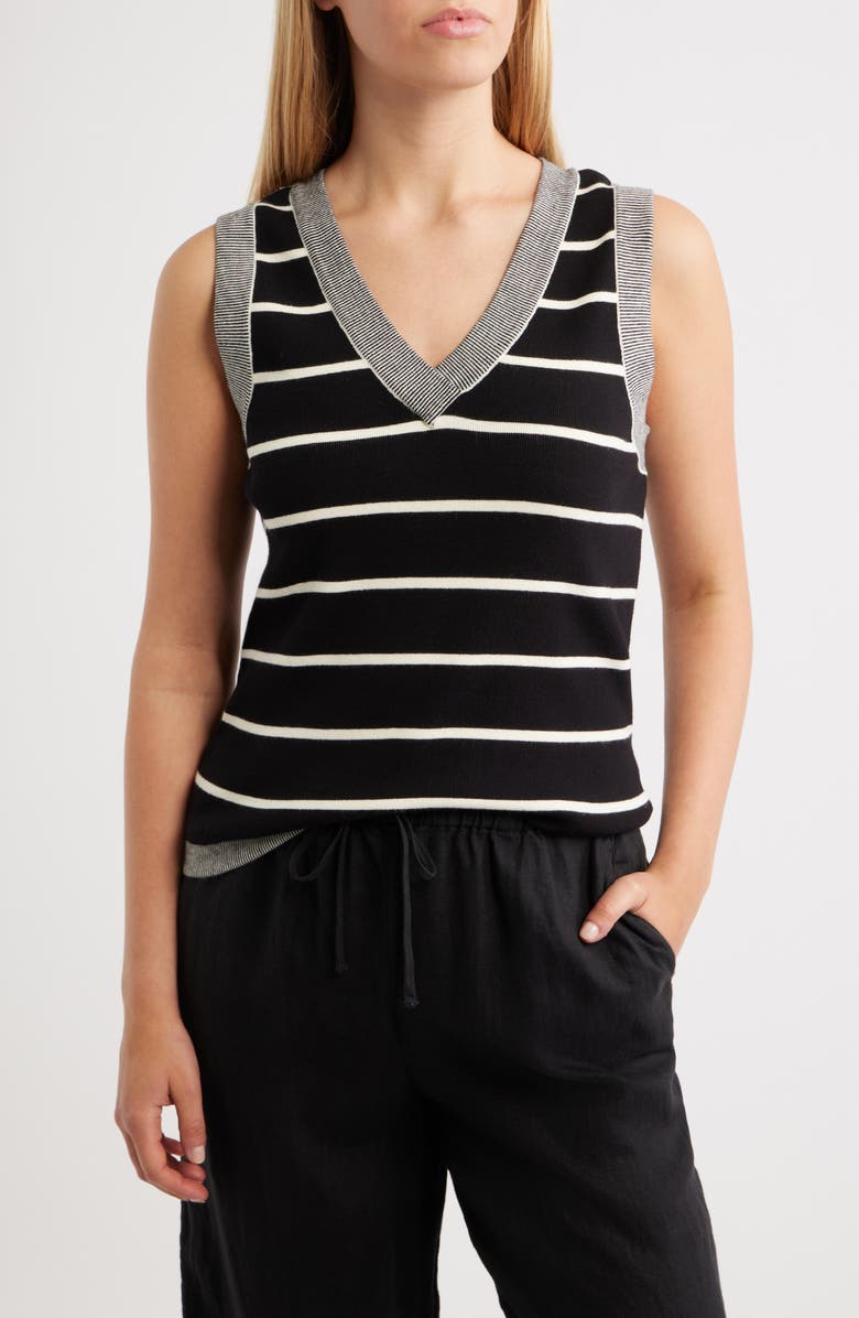 Wit & Wisdom Stripe V-Neck Sweater Vest, Main, color, Black/ Ecru