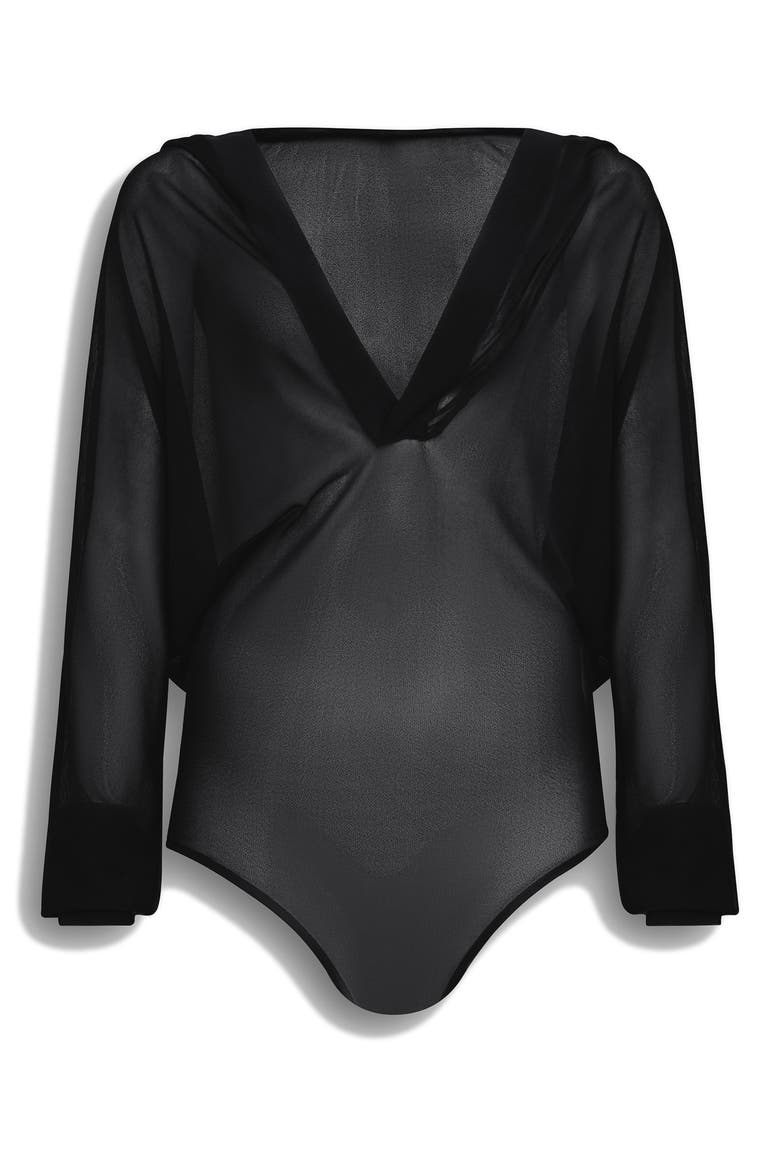 Hooded Long Sleeve Mesh Bodysuit, Main, color, NOIR ALAIA