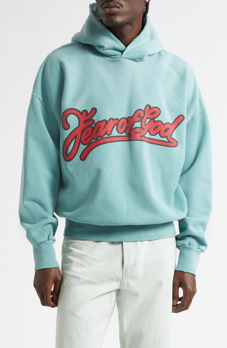 Fear of God Classic Fit Fleece Logo Graphic Hoodie, Alternate, color, Sky