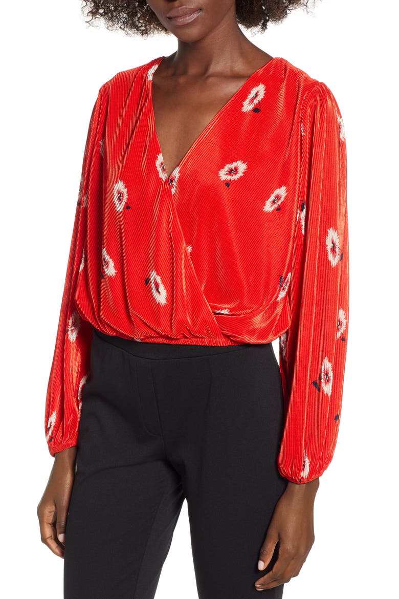 Pleated Long Sleeve Surplice Top, Main, color, RED FLORAL