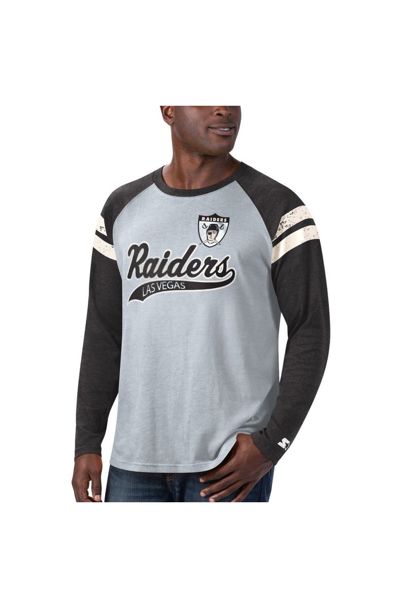 STARTER Men's Starter Silver/Black Las Vegas Raiders Throwback League Raglan Long Sleeve Tri-Blend T-Shirt, Alternate, color, Silver