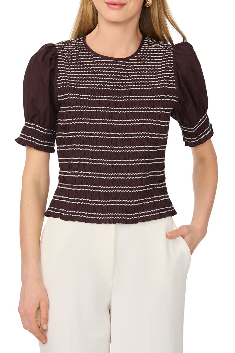 Smocked Puff Sleeve Cotton Top, Main, color, DARK CHOCOLATE DELIGHT