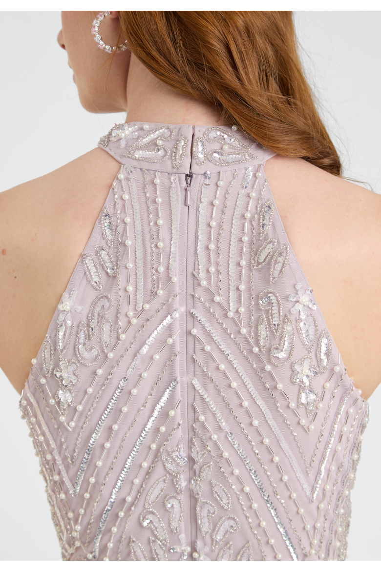 Embellished Sequin Beaded Maxi Dress With Halter Neck, Alternate, color, LILAC