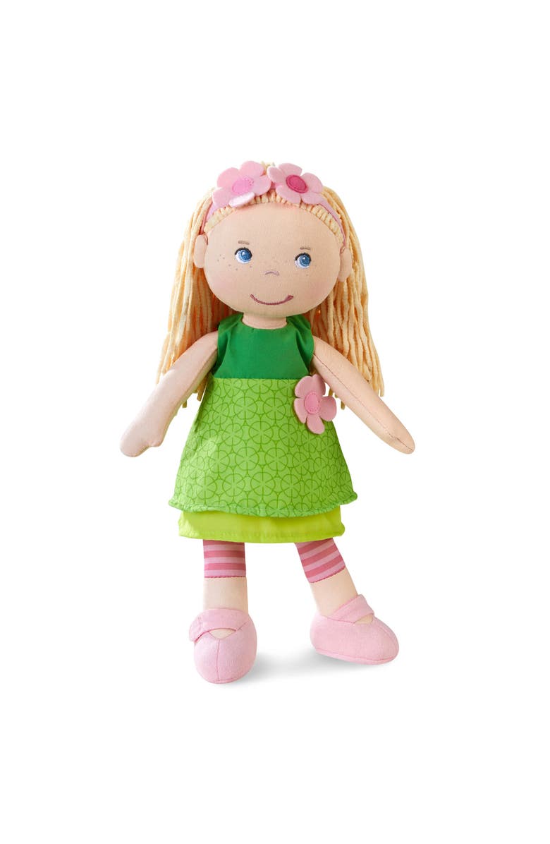 HABA 12" Soft Doll Mali with Blonde Hair and Blue Eyes, Soft Toddler Baby Dolls with Embroidered Face, Machine Washable Toddler Girl Toys for 18 mo+, Main, color, Green Multi
