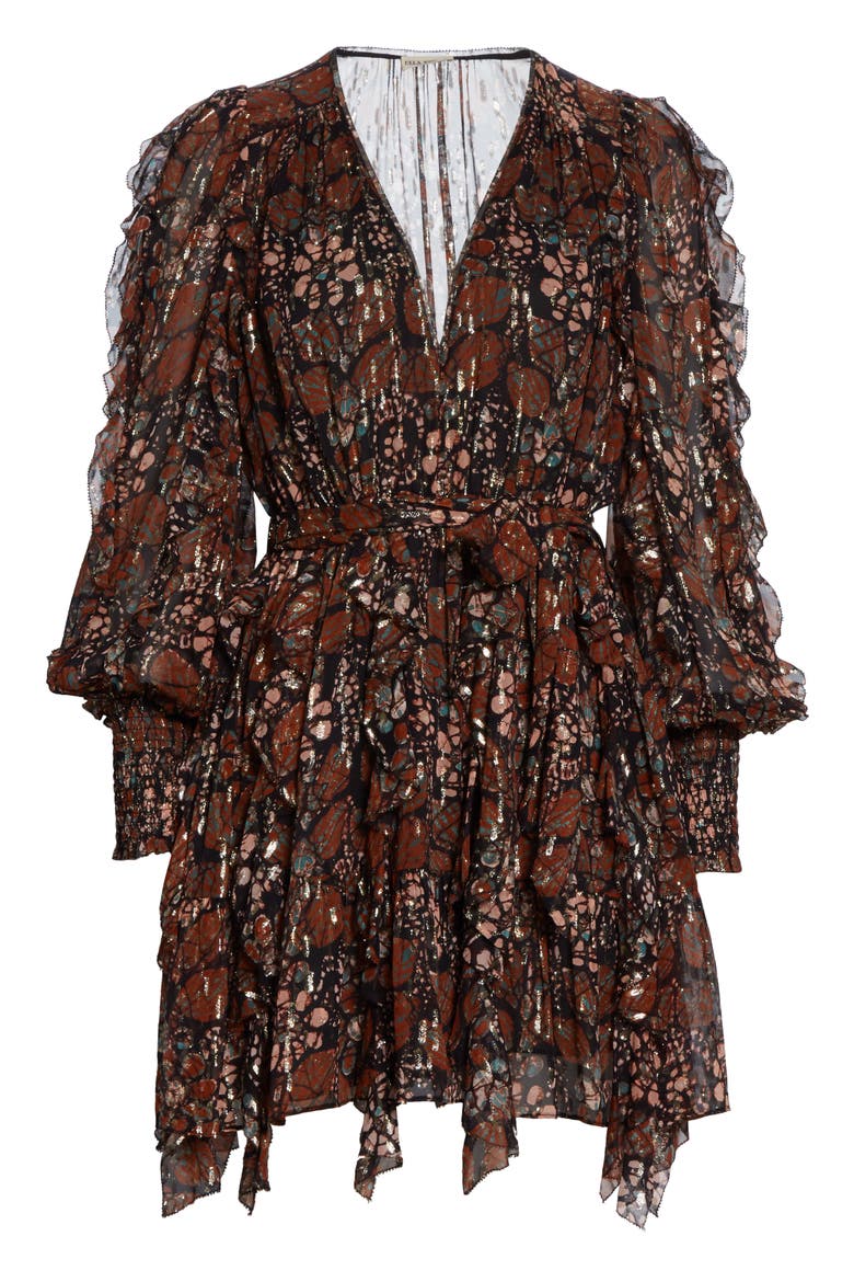 Natalia Metallic Shibori Long Sleeve Silk Blend Dress, Alternate, color, UMBER