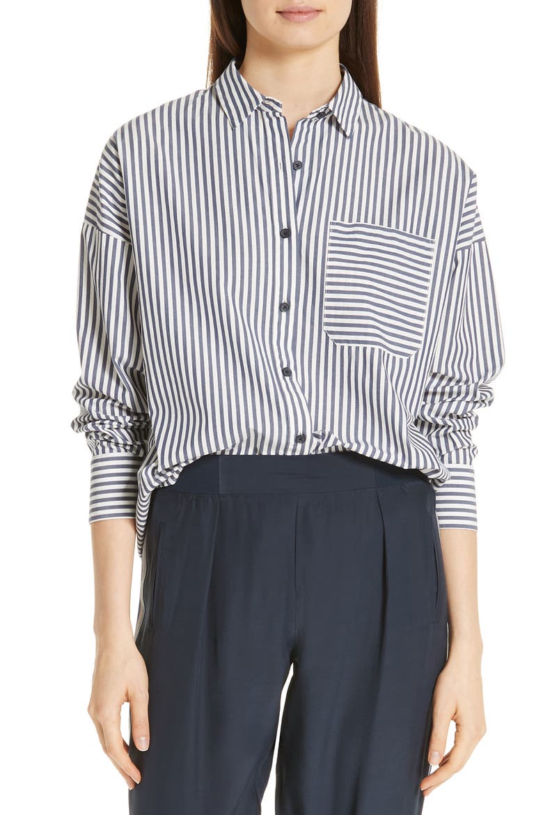 Railroad Stripe Boyfriend Shirt, Main, color, NAVY/ WHITE