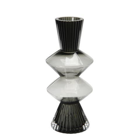 Smoke Glass Fluted Vase with Curved Triangles, Black and Clear