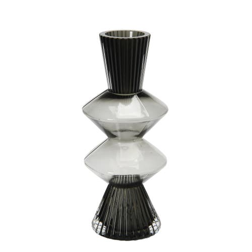 Storied Home Smoke Glass Fluted Vase With Curved Triangles, Black And Clear
