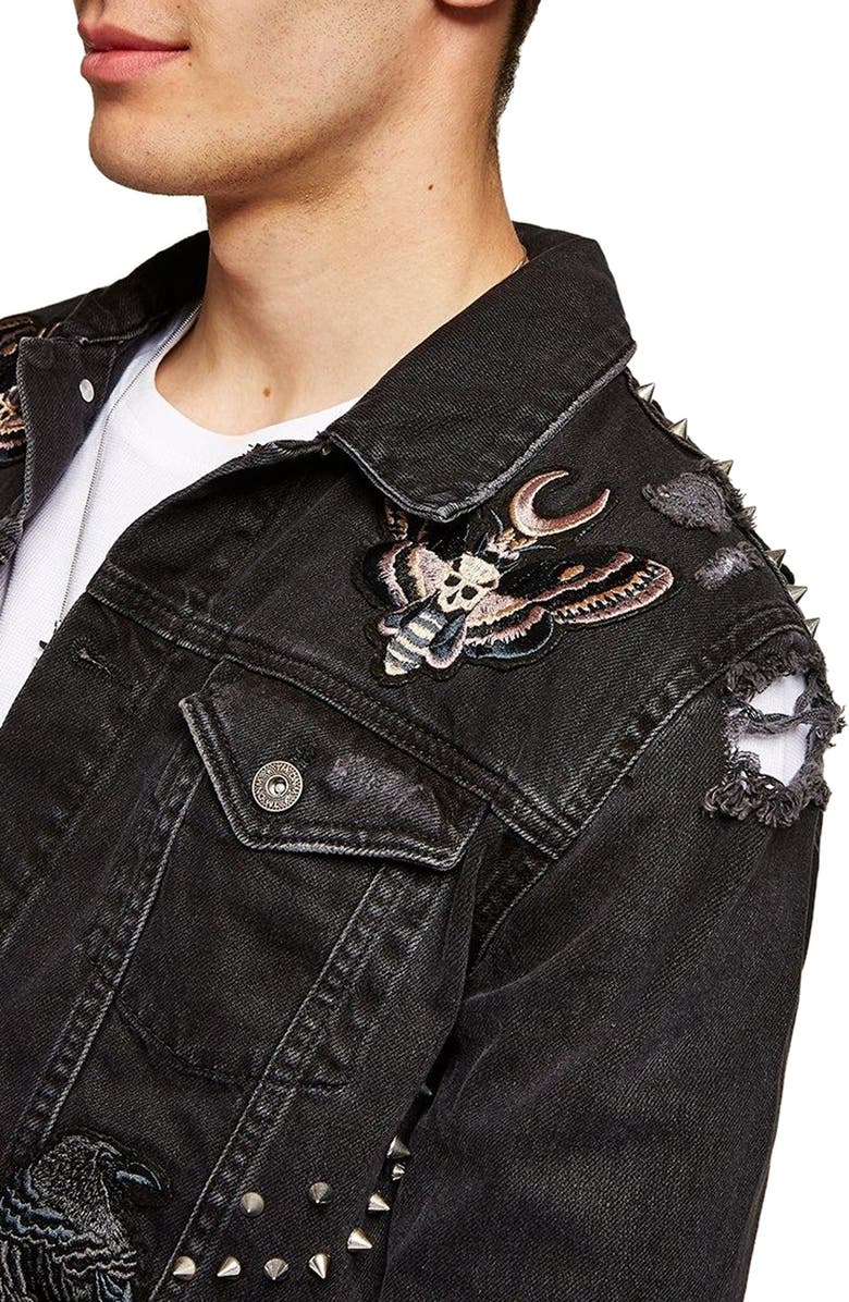 Topman Sleepy Hollow Slim Fit Denim Jacket with Patches, Alternate, color, 
