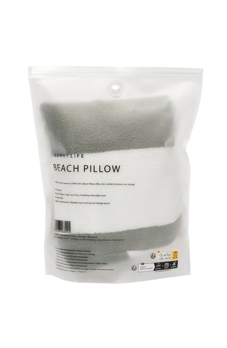 Sunnylife Inflatable Beach Pillow Vacay Olive Stripe 14X6" Neck Pillow, Alternate, color, 