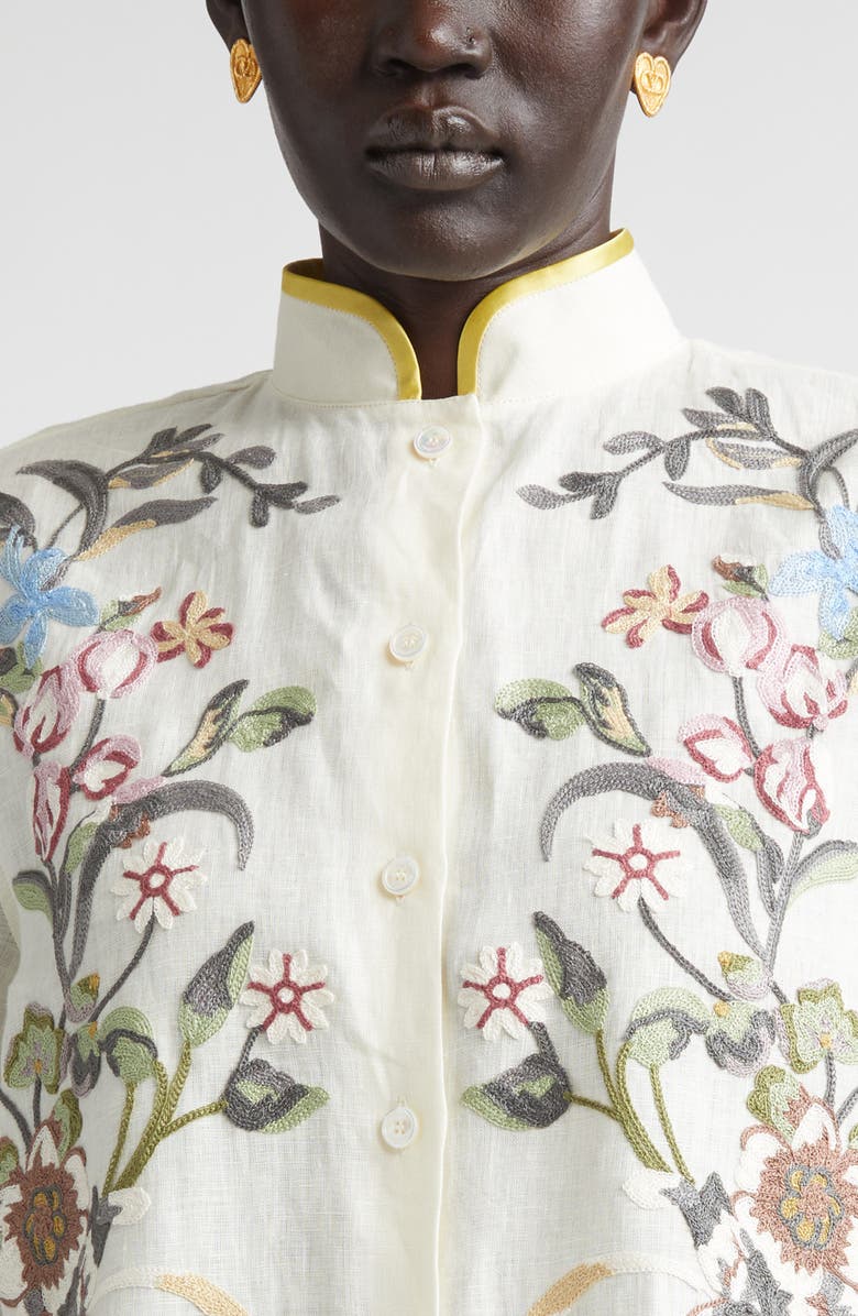Valentino Floral Embroidered Linen Button-Up Shirt, Alternate, color, Ivory/ Multi