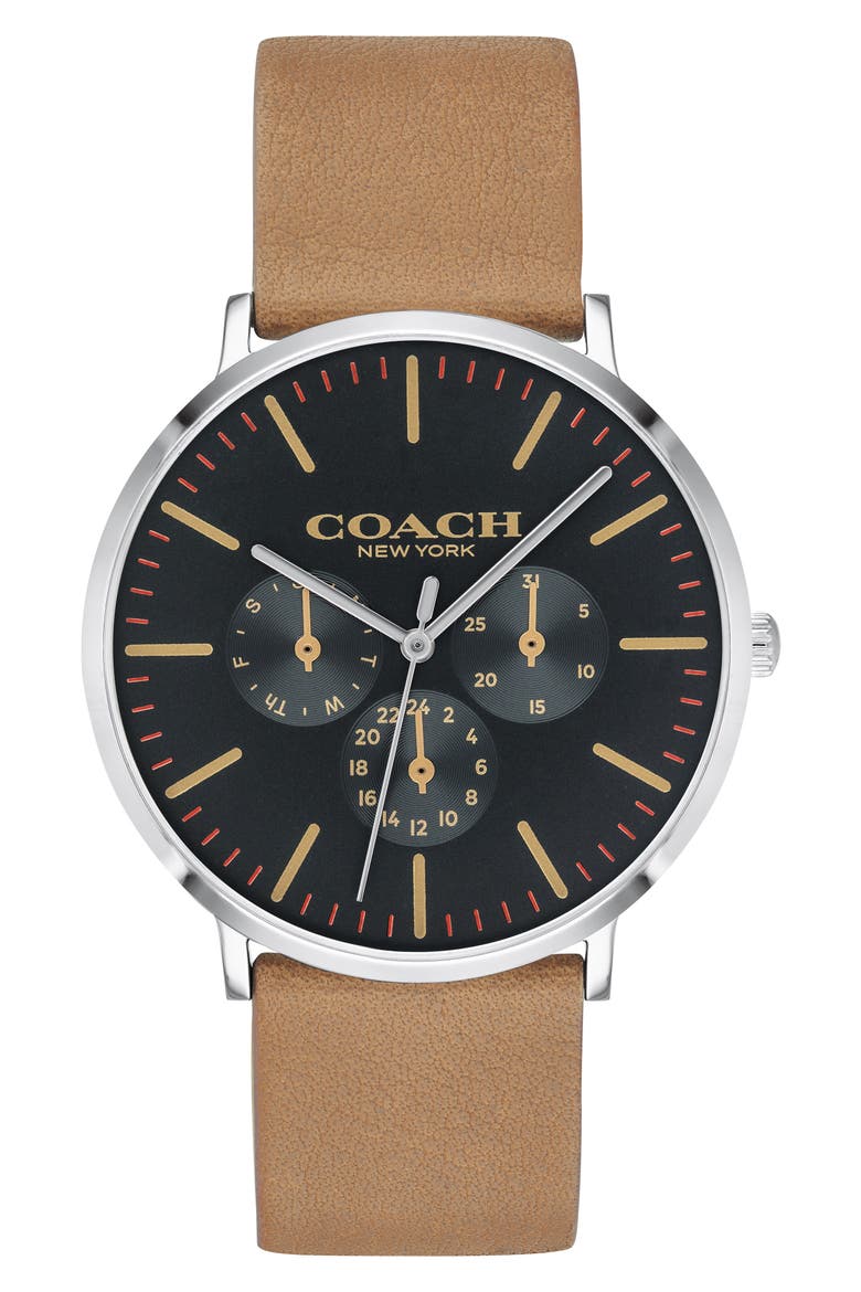 Varick Multifunction Leather Strap Watch, 40mm, Main, color, CAMEL/ SILVER/ BLACK