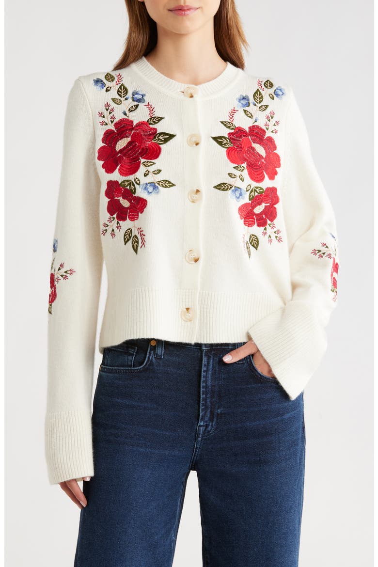 Embroidered Flowers Wool Cardigan, Main, color, CREAM