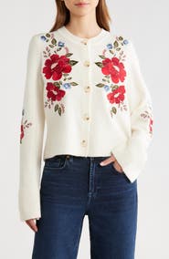 FARM Rio Embroidered Flowers Wool Cardigan
