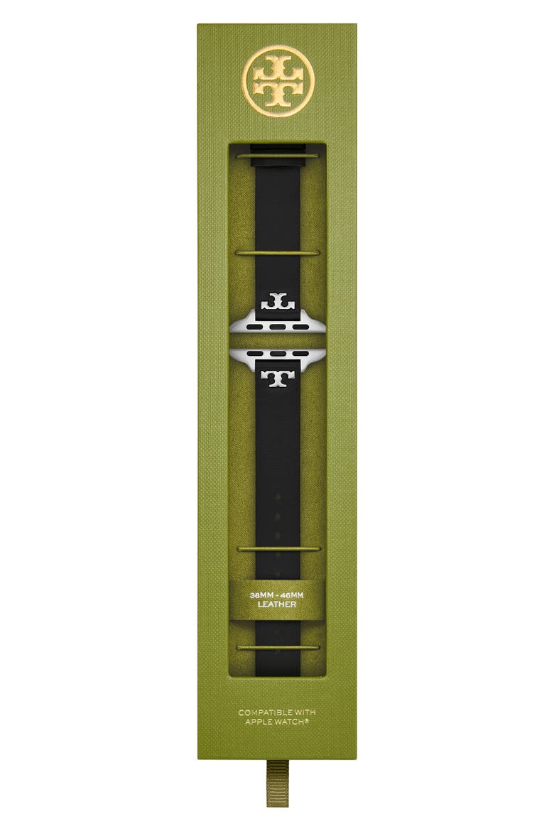 The 'T' Leather 14mm Apple Watch® Watchband, Alternate, color, BLACK