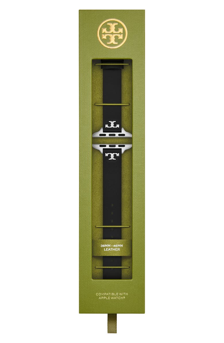 Tory Burch The 'T' Leather 14mm Apple Watch<sup>®</sup> Watchband, Alternate, color, Black
