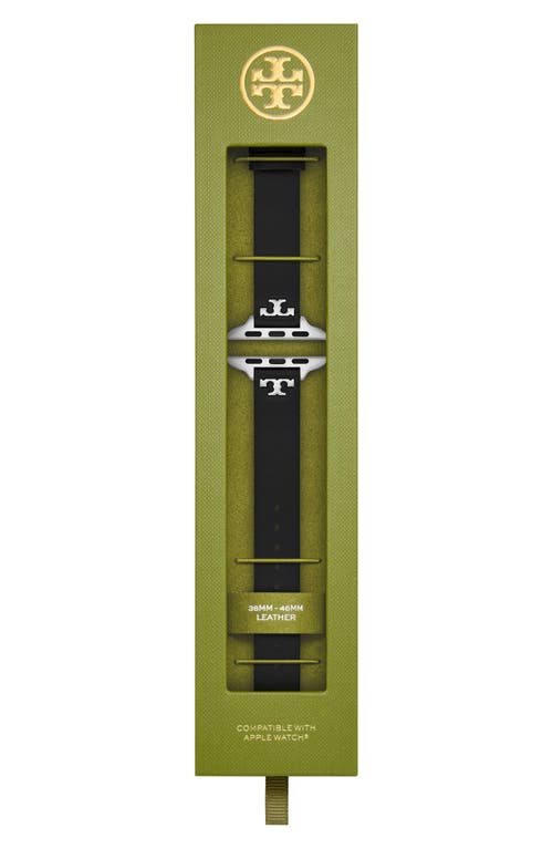 Tory Burch The 't' Leather 14mm Apple Watch® Watchband In Black