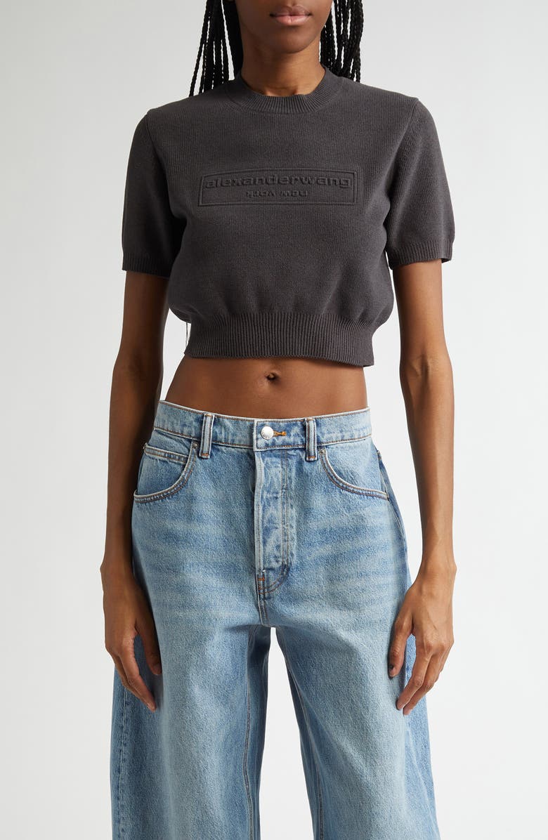 Alexander Wang Embossed Logo Short Sleeve Crop Sweater, Main, color,