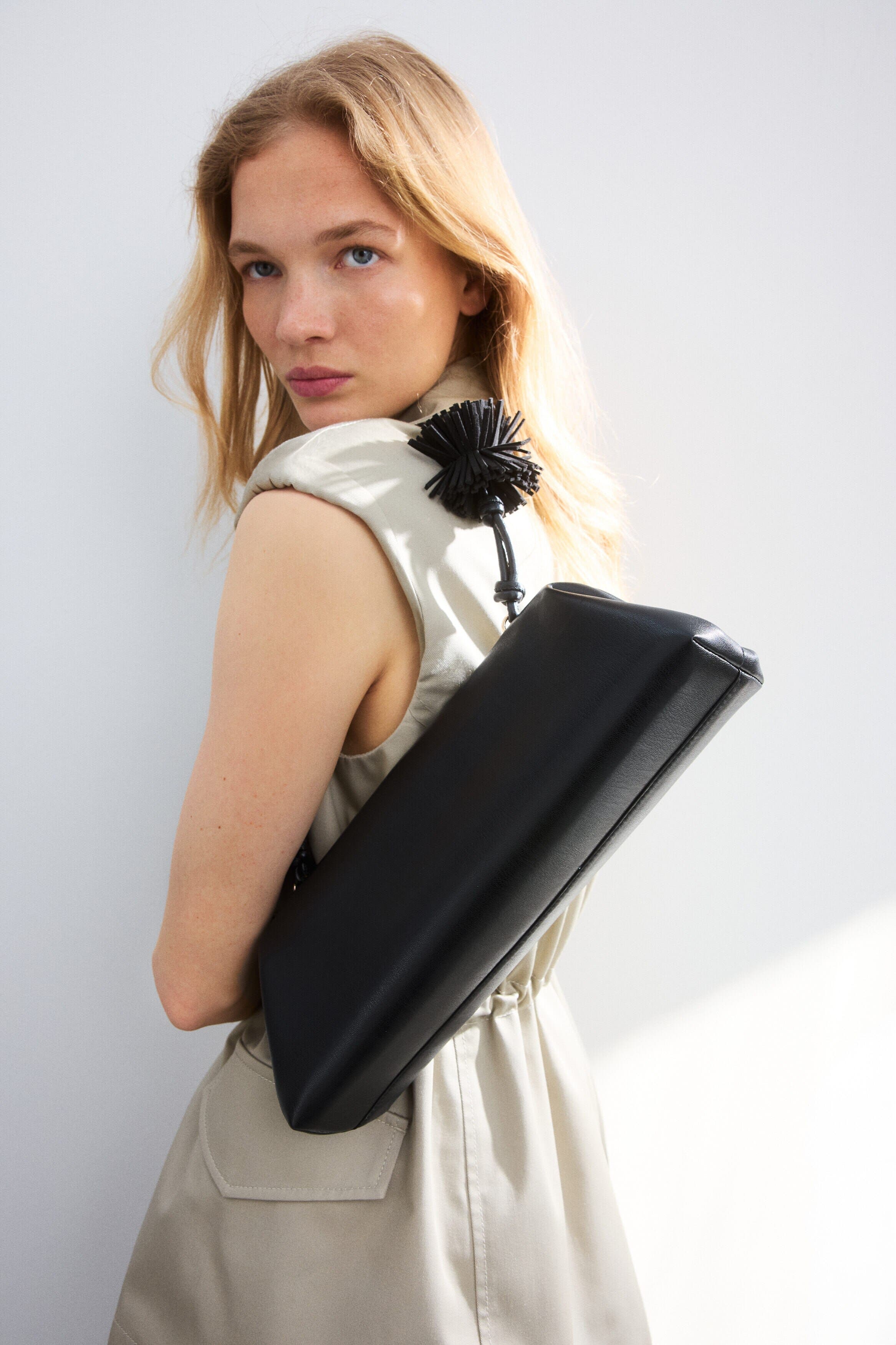 H&M Pompom-detail Shoulder Bag, Alternate, color, Black