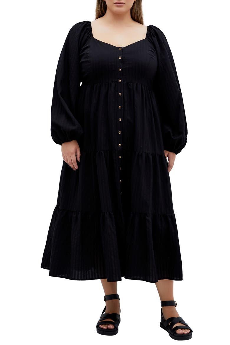 Portia Button-Front Long Sleeve Midi Dress, Main, color, BLACK